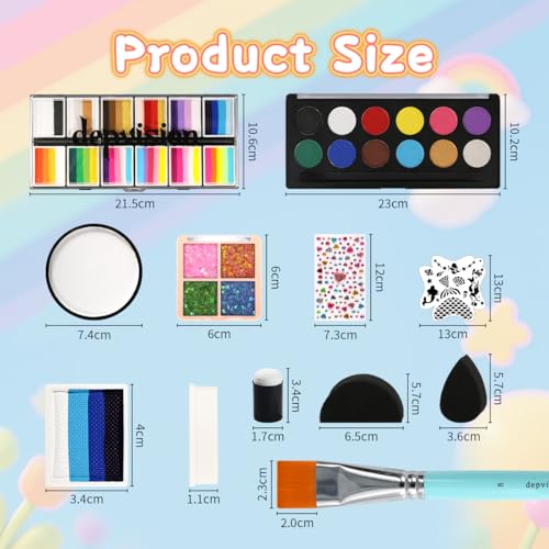 Kids Face Painting Kit 68 Colors Split Cake Water-Based Non-Toxic Safe for Sensitive Skin Halloween Party