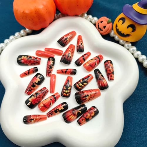 Halloween Press On Nails Coffin Short Fake Nails with Pumpkin Bat Skeleton Flower Designs - Variation 9