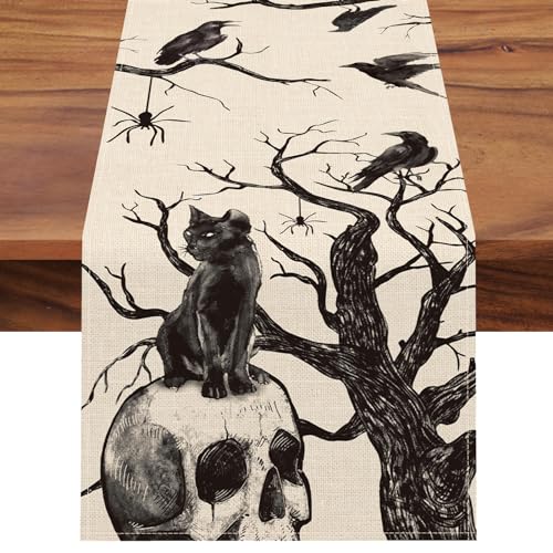 Halloween Gothic Skull Black Cat Crows Table Runner 13x36 Inch - Spooky Seasonal Decor
