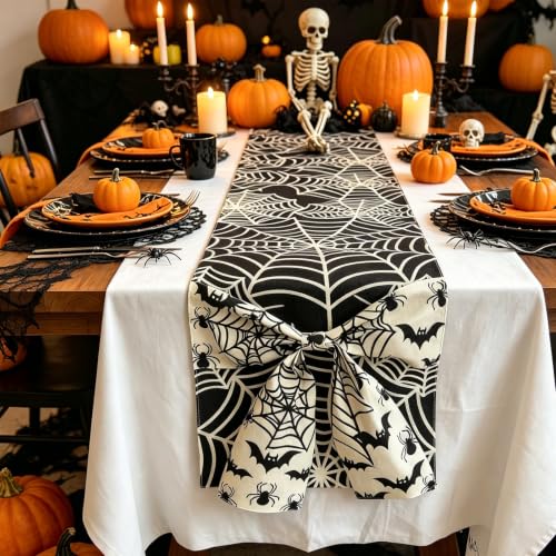 Halloween Spider Web Table Runner with Bow - Design 9, 13x72 Inch, Holiday Decor