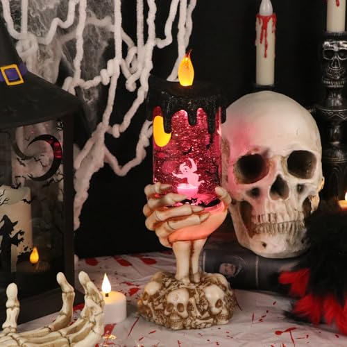 Ghost Snow Globe Flameless Candle with Timer - Skeleton Hand Halloween Decor - 4 Ghosts