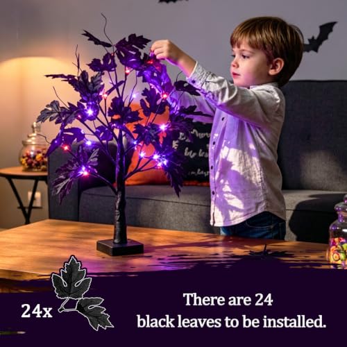 Indoor Halloween Tree Lights with Timer - 22-Inch Black Maple with Orange and Purple LEDs