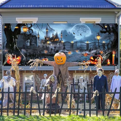 Grey Halloween Garage Door Cover 6x16Ft Haunted House Pumpkin Design - Indoor Outdoor Decor
