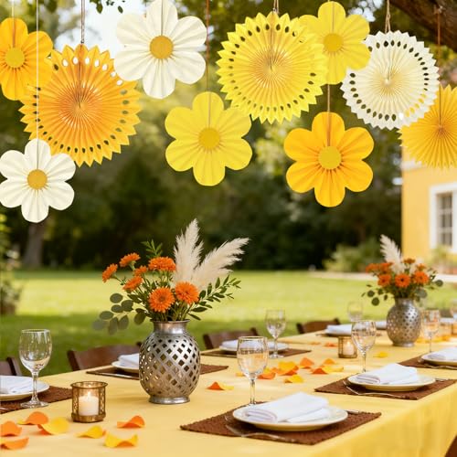 Yellow Party Decorations Paper Fans Set - Sunflower Theme Wall Decor, 12 Pieces