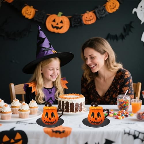 JUSTUP Pumpkin Shaped Ceramic Coffee Mug - Halloween & Thanksgiving Orange Cover Cup - 0.7 Pound Cartoon Breakfast & Dessert Cup