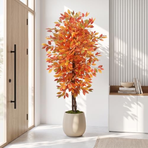 6FT Artificial Ficus Tree with Autumn Foliage - Seasonal Home Decor - Orange