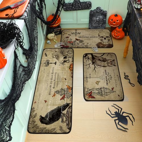 Retro Halloween Kitchen Rugs Set 3 Pcs Skeleton Crow Eagle Waterproof Non Slip Mats
