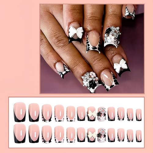 French Tip Press On Nails Short Square with Bow Star Charms Zebra Print Black & White 24Pcs