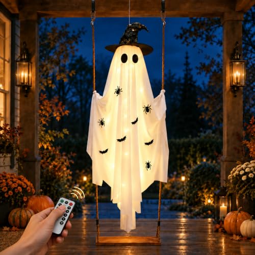 CRILARY White Halloween Swinging Ghost Outdoor Decor 5.9ft with Lights