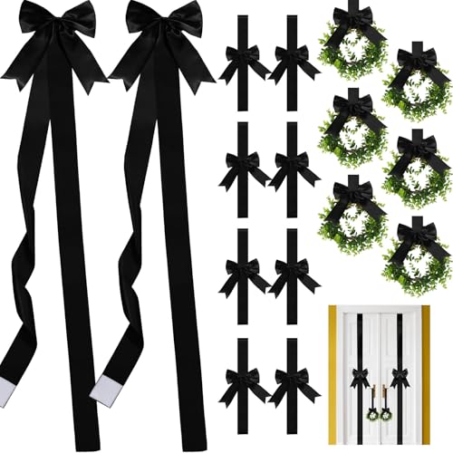 Black Christmas Door Wreaths & Bow Set - Holiday Decoration for Cabinets & Windows