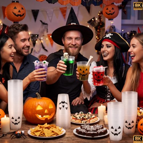 Halloween Black 16 oz Frosted Plastic Pumpkin Face Cups - Bulk Set