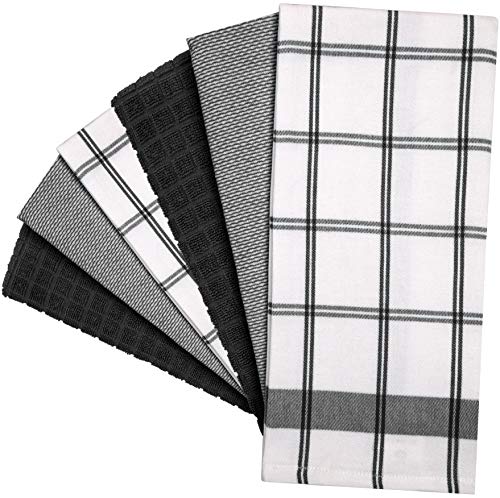 Black Check Kitchen Towels 6 Pack 100% Cotton Dish Towels - Mixed Styles