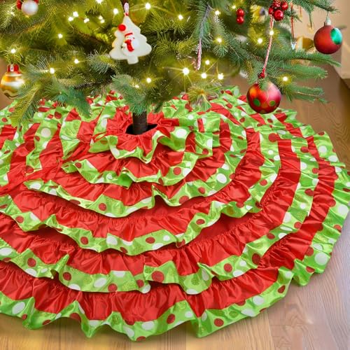 Green and Red Christmas Tree Skirt 48 Inch Ruffle Polka Dots for 6-7.5 FT Trees - Holiday Decor