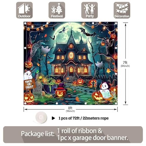 Halloween Garage Door Banner 8x7ft Cartoon Pumpkin Ghost Night Moon Decorations