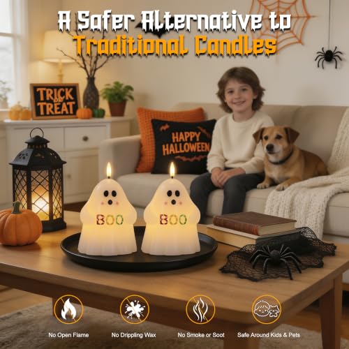 Halloween Ghost Flameless Candles with BOO - Colorful Variation, Remote Timer, Battery Operated