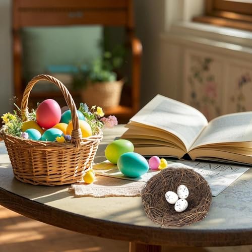 3pcs Faux Rattan Bird Nest Decor with Eggs - 4.7 Inch Spring & Holiday Centerpiece