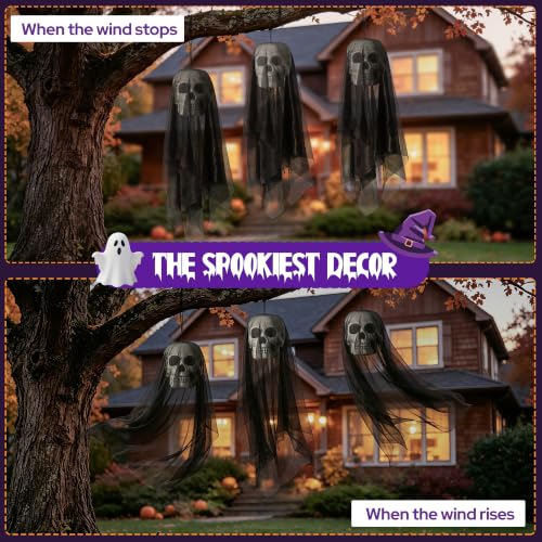 Halloween Hanging Skeleton Skull Decor Set - Black Ghost and Grim Reaper Props