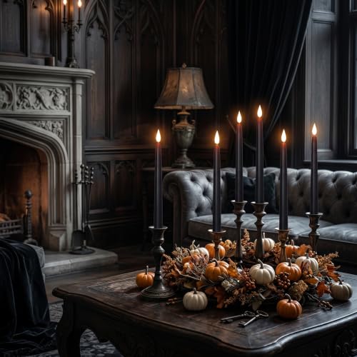 Black Flameless Taper Candles with Remote Timer - 11 Inch Gothic Decor Set of 12