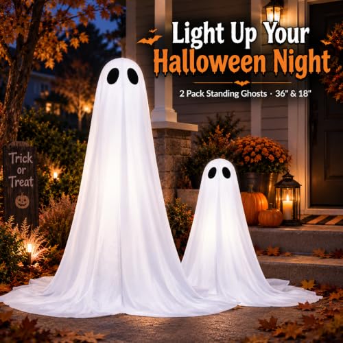 Outdoor Light Up Ghost Decorations 36 Inch & 18 Inch with Timer - Halloween Yard Props - Variation: White Ghosts