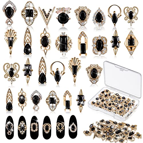 Black 3D Nail Charms Set with Rhinestones for Nail Art and Decorations