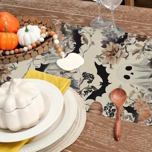 Halloween Ghost Pumpkin Bat Table Runner - Style 01, 13x72 Inch Seasonal Linen Decor