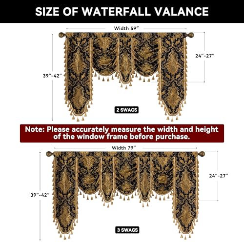 Black Gold Damask Waterfall Valance Curtains - 79W x 41L, Pack of 1