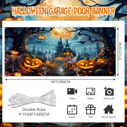 Orange 7x16 FT Halloween Garage Door Banner - Spooky Night Backdrop for Haunted House