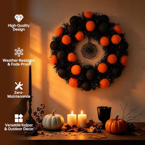 18-Inch Halloween Wreath for Front Door - Black & Orange, Foldable Halloween Decor