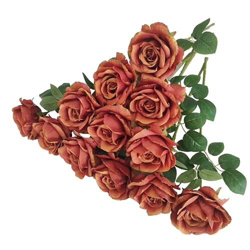 Artificial Burnt Orange Roses Bouquet - Fall Floral Arrangement with Realistic Texture & 3.94-Inch Heads - Variation of Burnt Orange 20/20