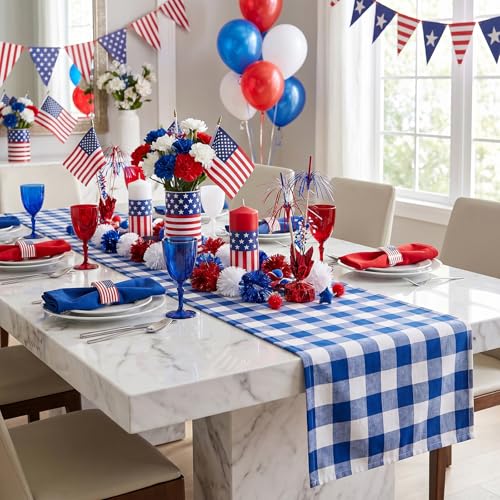 Blue Plaid Table Runner 13x108 Inch Set of 4 Buffalo Check Holiday Decor - White & Blue