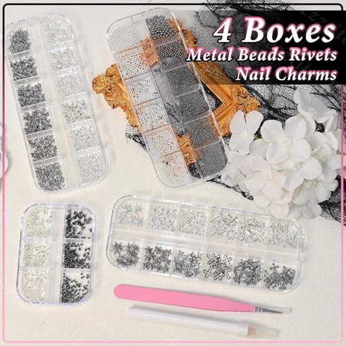 Bezztito S3 Punk Gothic Nail Art Studs Kit - Black Silver Caviar Beads & Spike Charms