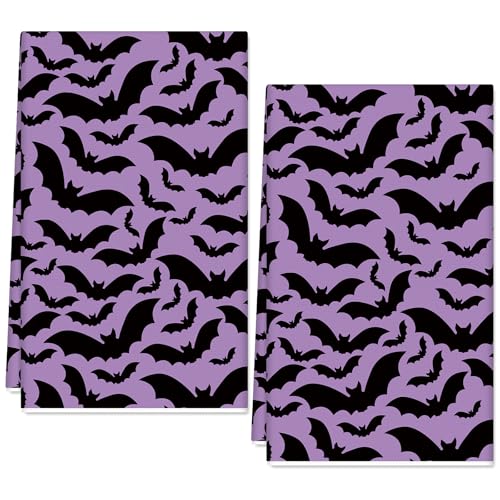 Halloween Kitchen Towels Set - Purple Black Bat Dish Drying & Cleaning Towels
