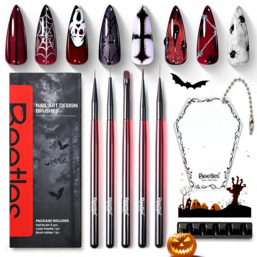 Halloween Nail Art Brushes Set - 5 Pcs Gel Polish & Dotting Tools with Brush Holder