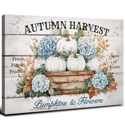 Fall Canvas Wall Art Farmhouse Pumpkins & Hydrangeas 16x12 Inches - Pumpkin02
