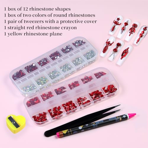 Red Nail Rhinestones Kit - Multi Shapes & Sizes for Manicure & Craft Decoration