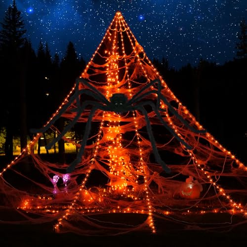 Halloween Spider Web Lights with Spider & Cobweb - Orange - 250LED Outdoor Decoration