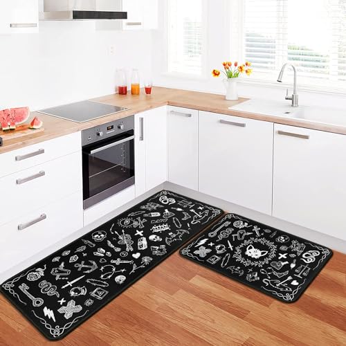 Gothic Rug Set of 2 - Black Kitchen Mats with Rubber Backing & Non-Slip - Variation: Gothic