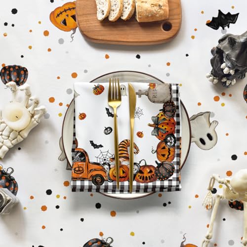 Halloween Tablecloth 70x70 Inch Round Buffalo Plaid Pumpkin Orange