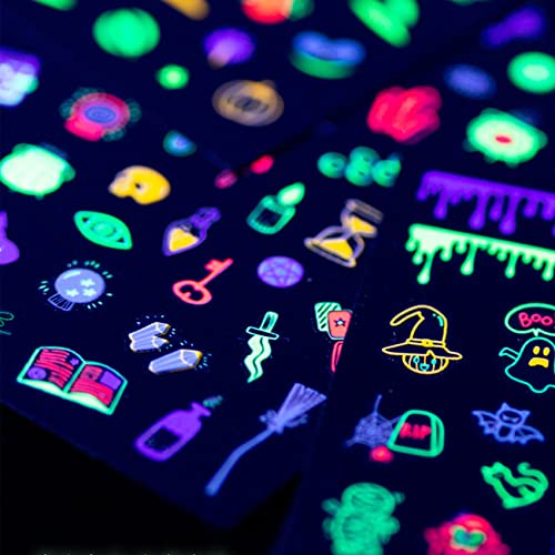 Halloween Neon Glow Nail Stickers 16 Sheets Fluorescent Nail Art Decals for Kids & Women - Dark
