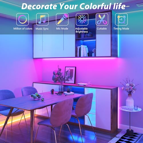 50ft RGB LED Light Strips for Bedroom Music Sync - Easy Install, App & IR Remote
