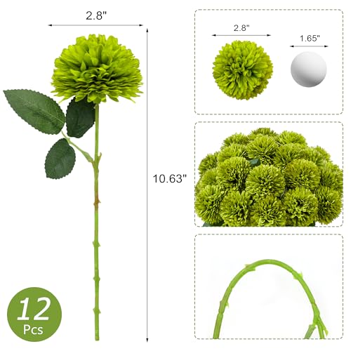 Artificial Green Chrysanthemum Flowers Ball Set - 12 Pcs for Decor & Centerpieces - Pack of 2