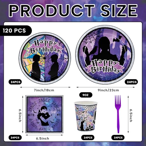 Halloween Birthday Party Supplies Set - Purple Paper Plates Napkins Cups Cutlery for Kids 24 People - Variation of Birthday