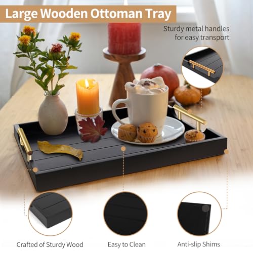 Large Black Wooden Serving Tray with Handles - Rustic Home Decor