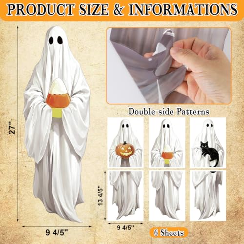 Halloween Ghost Window Clings - Spooky Reusable Stickers for Glass, 3 Pack - Black Cat & Pumpkin Decorations - Variation: Ghost