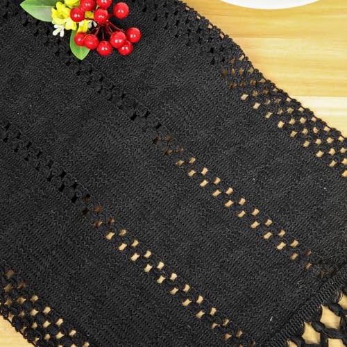 Boho Cotton Table Runner with Tassels - 12x48 Inches Black Rustic Decor