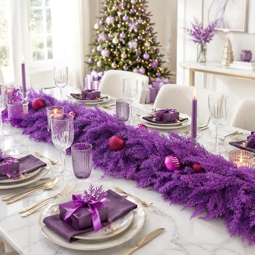 Purple Cedar Garland 9ft Artificial Christmas Decor for Indoor Outdoor | Reusable