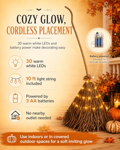 Lighted Halloween Witch Broom Decor - 5.5ft Outdoor Fall & Party Accent