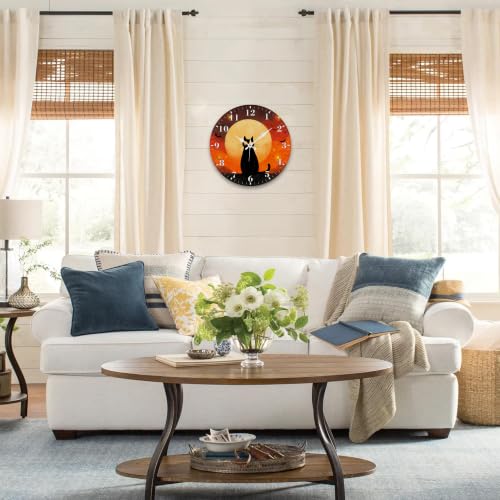 12-Inch Silent Wall Clock - Halloween Cat & Full Moon Design - Home Decor