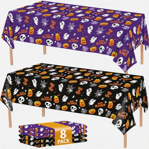 Halloween Tablecloth Disposable 54x108 Inches - Ghosts & Pumpkins, Spooky Waterproof Spillproof Cover - 8 Pack Variation of 2