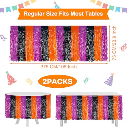Foil Fringe Tinsel Table Skirts 2 Pack Halloween Party Decorations - Black, Purple, Orange